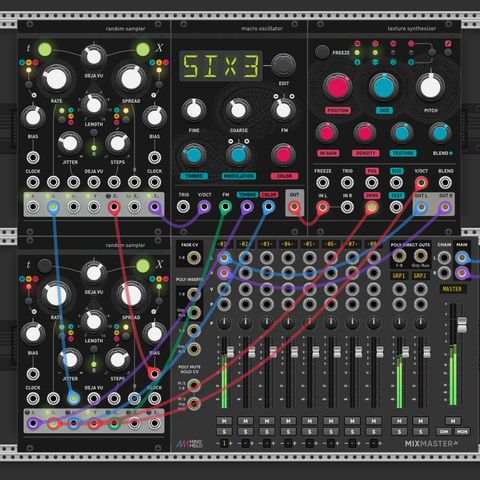 A VCV patch consisting of two Audible Instruments Random Samplers, a Macro Oscillator and Texture Synthesiser and a Mixmaster mixer,
