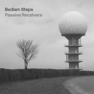 A black and white picture of a bare tree and a tower topped by a radio dome behind a low bush on a foggy sky
